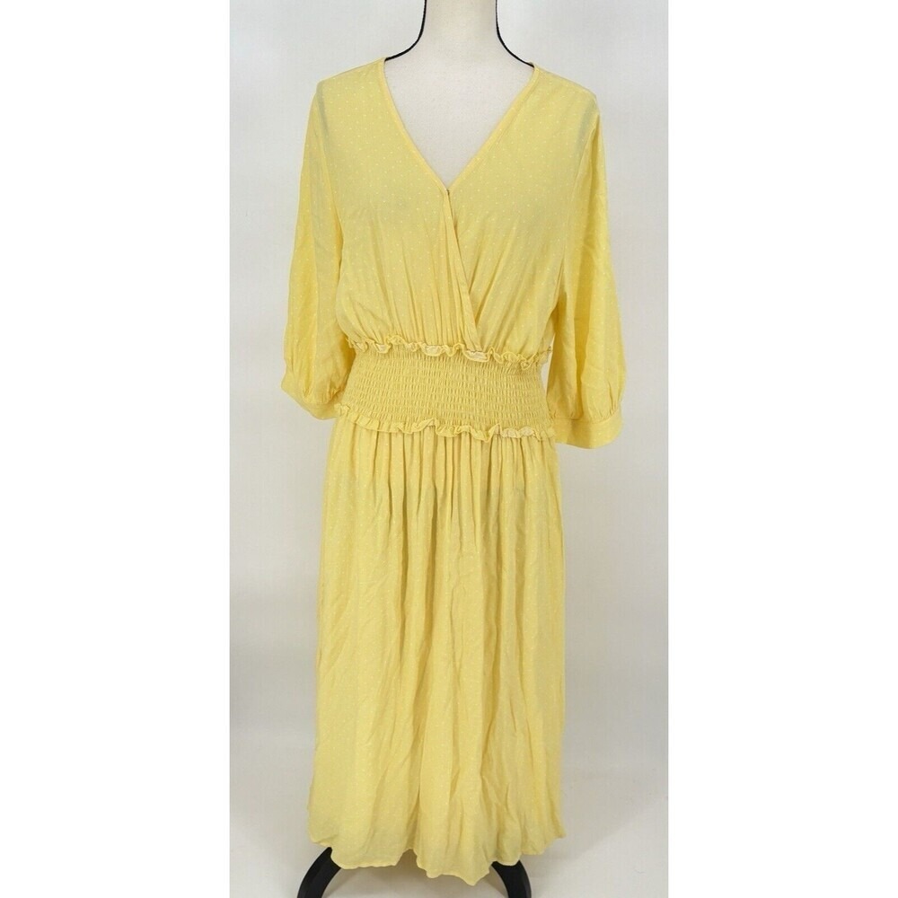 Elodie Polka Dot Midi Dress Women's XL Yellow Smocked Waist V-Neck Boho